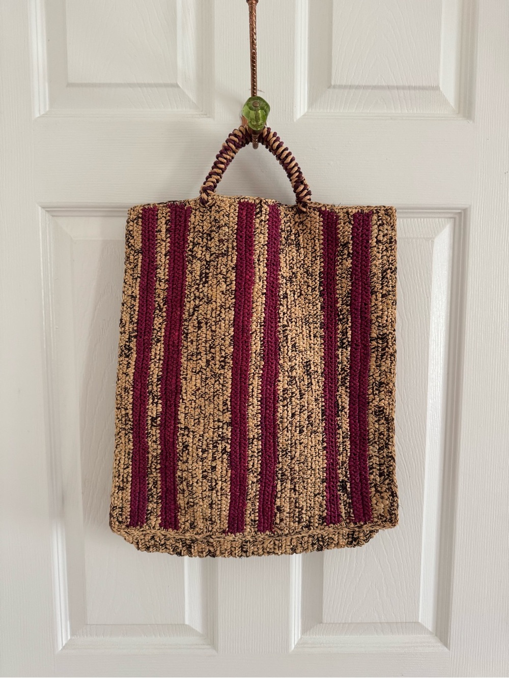 Soeur Woven Straw Tote Bag with Burgundy Stripes